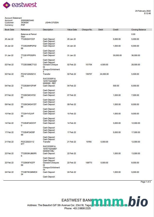 Szablon wyciągu bankowego Filipin EastWest w formacie Excel i PDF